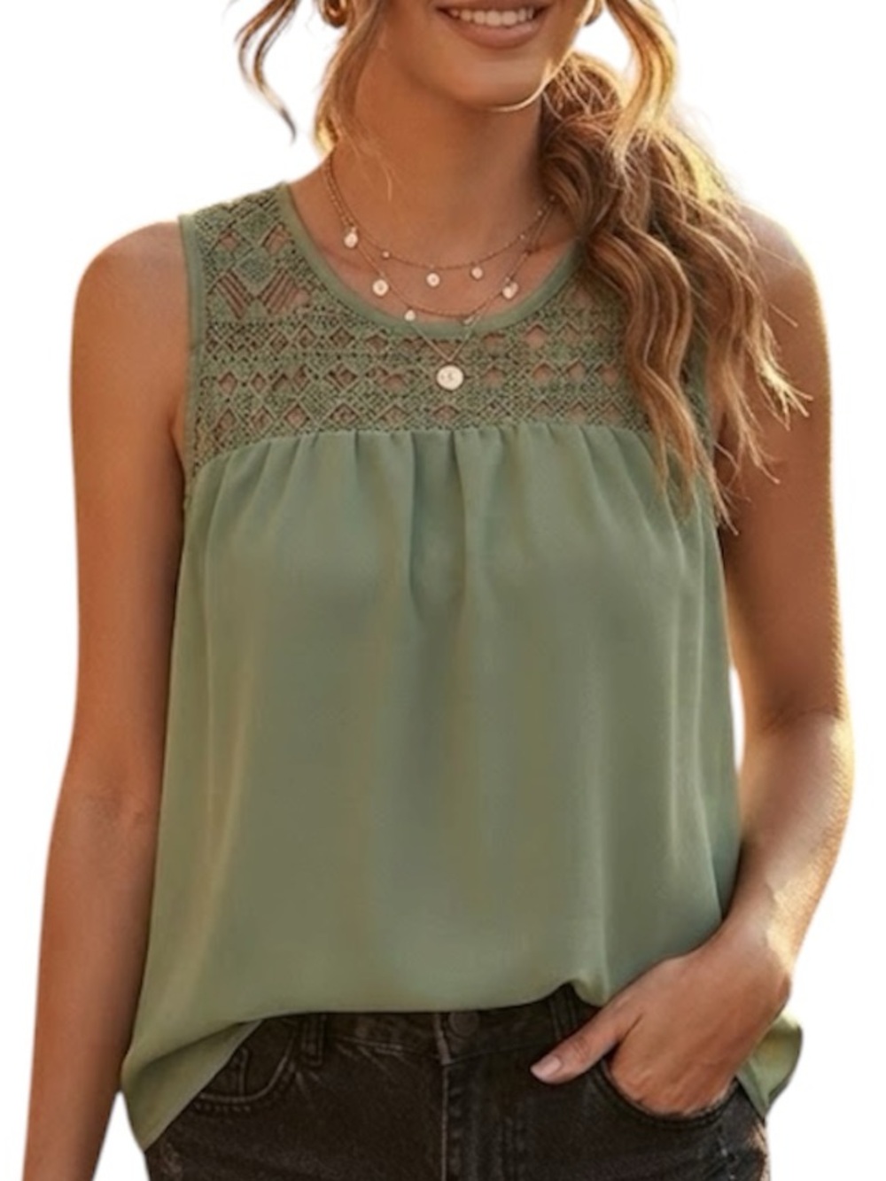 GAP Crochet Lace Sleeveless Blouse Scoop Neck Twig Green Small Resort Core